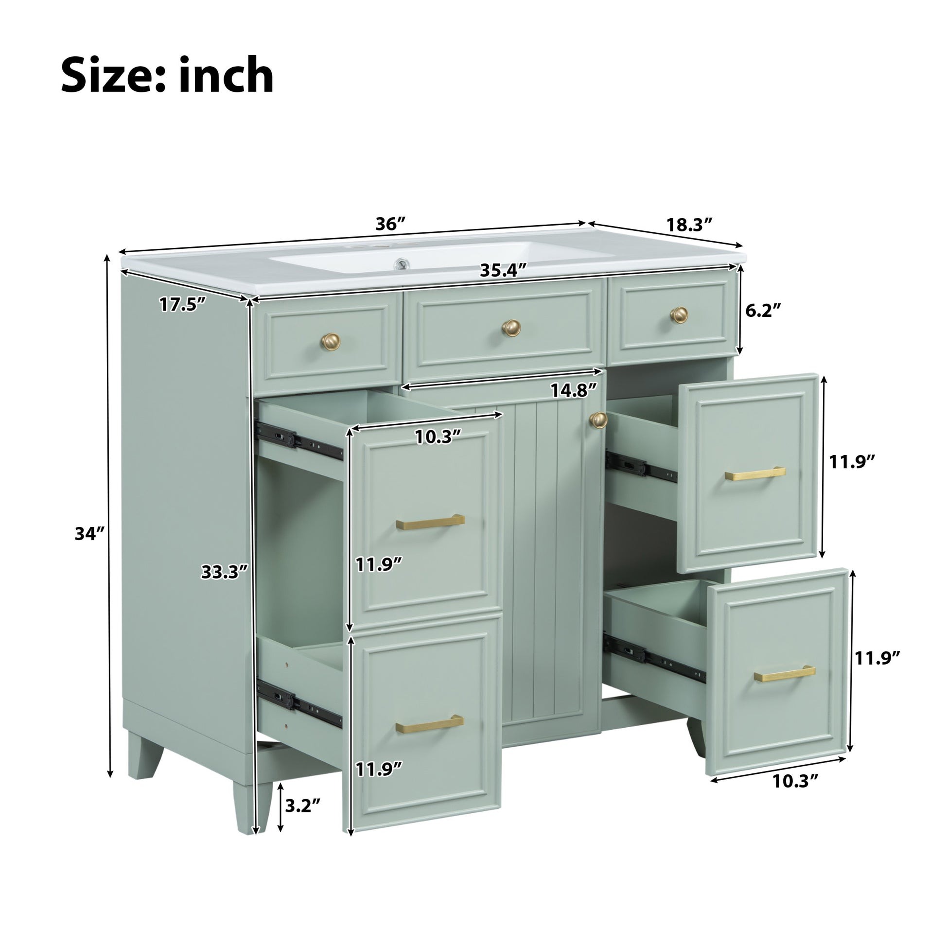 36" Bathroom Vanity With Ceramic Sink, Green, Solid Wood Frame, Soft Close Doors, Adjustable Shelves, 3 Drawers ,Including Double Depth Drawer For Hairdryer Storage Old Sku:Sv000003Aag 1 Green