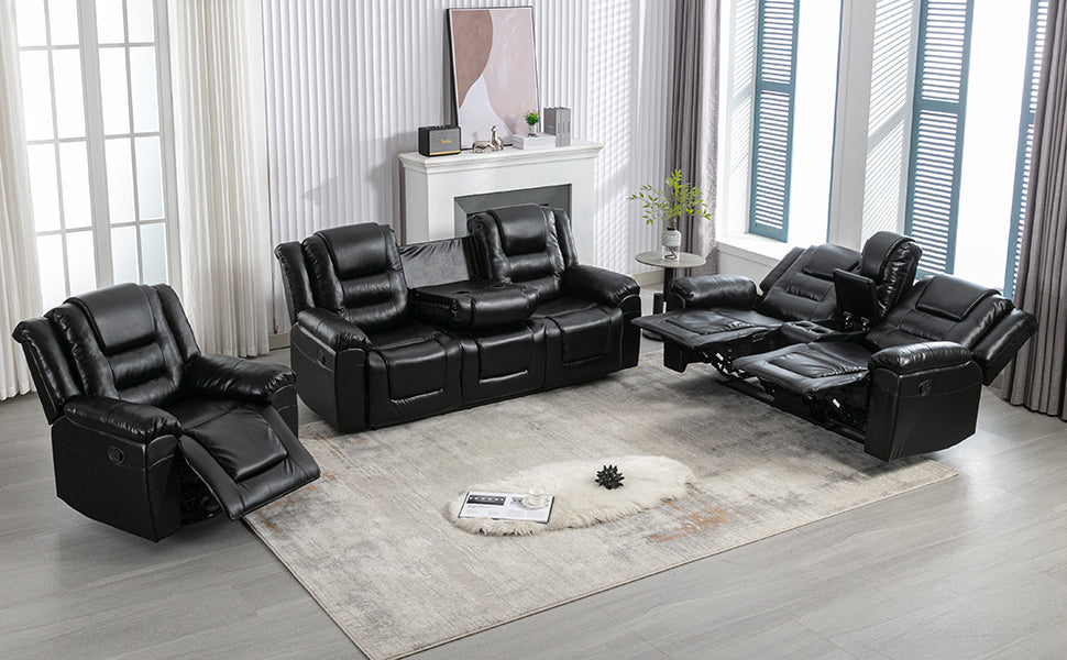 Home Theater Recliner Set Manual Recliner Chair With Wide Armrest, Two Built In Cup Holders For Living Room,Bedroom, Black Old Sku:Sg000760Aab Black Foam Pu Leather