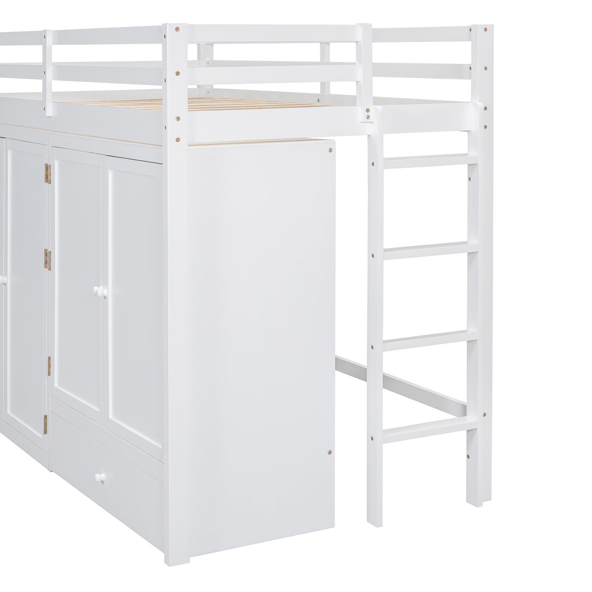 Twin Size Loft Bed With Drawer, Two Wardrobes And Mirror, White White Solid Wood Mdf