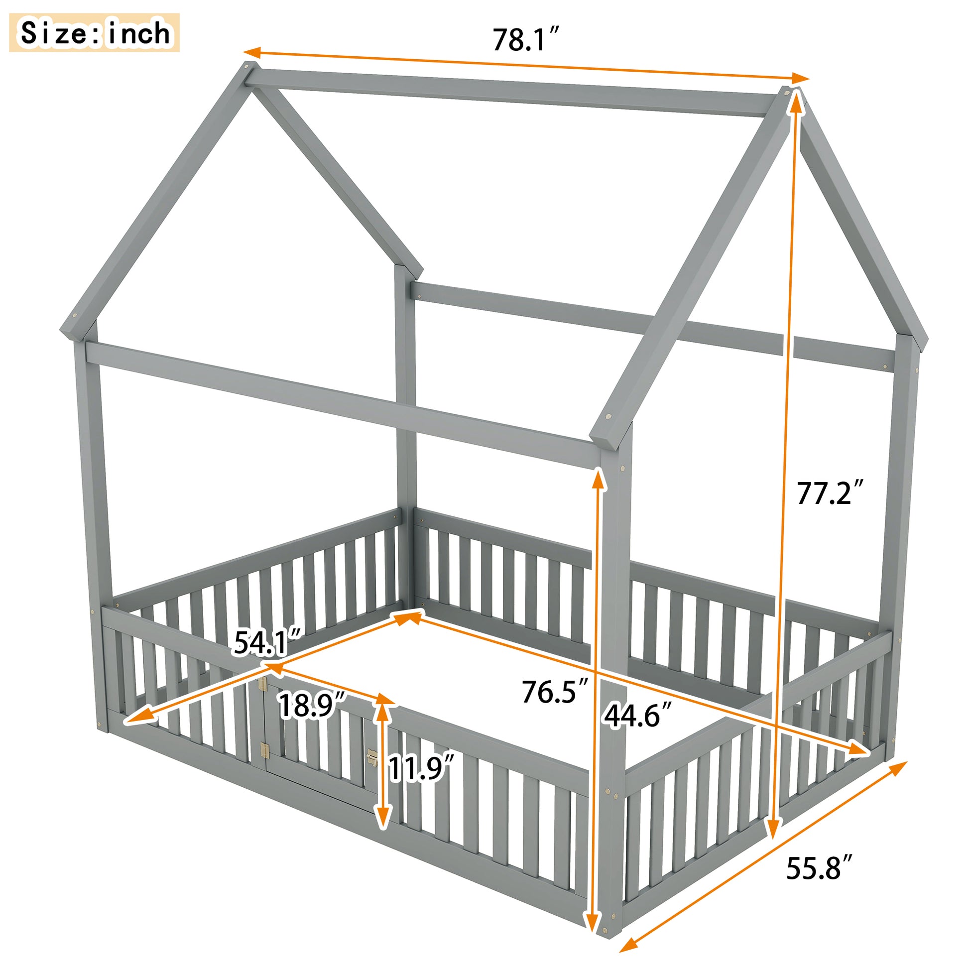 Full Size Wood House Bed With Fence And Door, Gray Box Spring Not Required Full Gray Wood Bedroom Bed Frame Pine