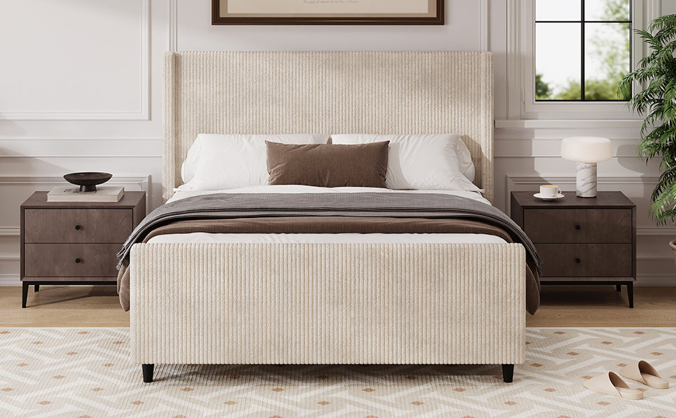 50.7'' High Headboard Corduroy Upholstered Bed Frame With Vertical Stripe Wingback And High Footboard No Box Spring Needed, King Size, Cream Box Spring Not Required King Cream Wood Bedroom Modern Bed Frame Wood