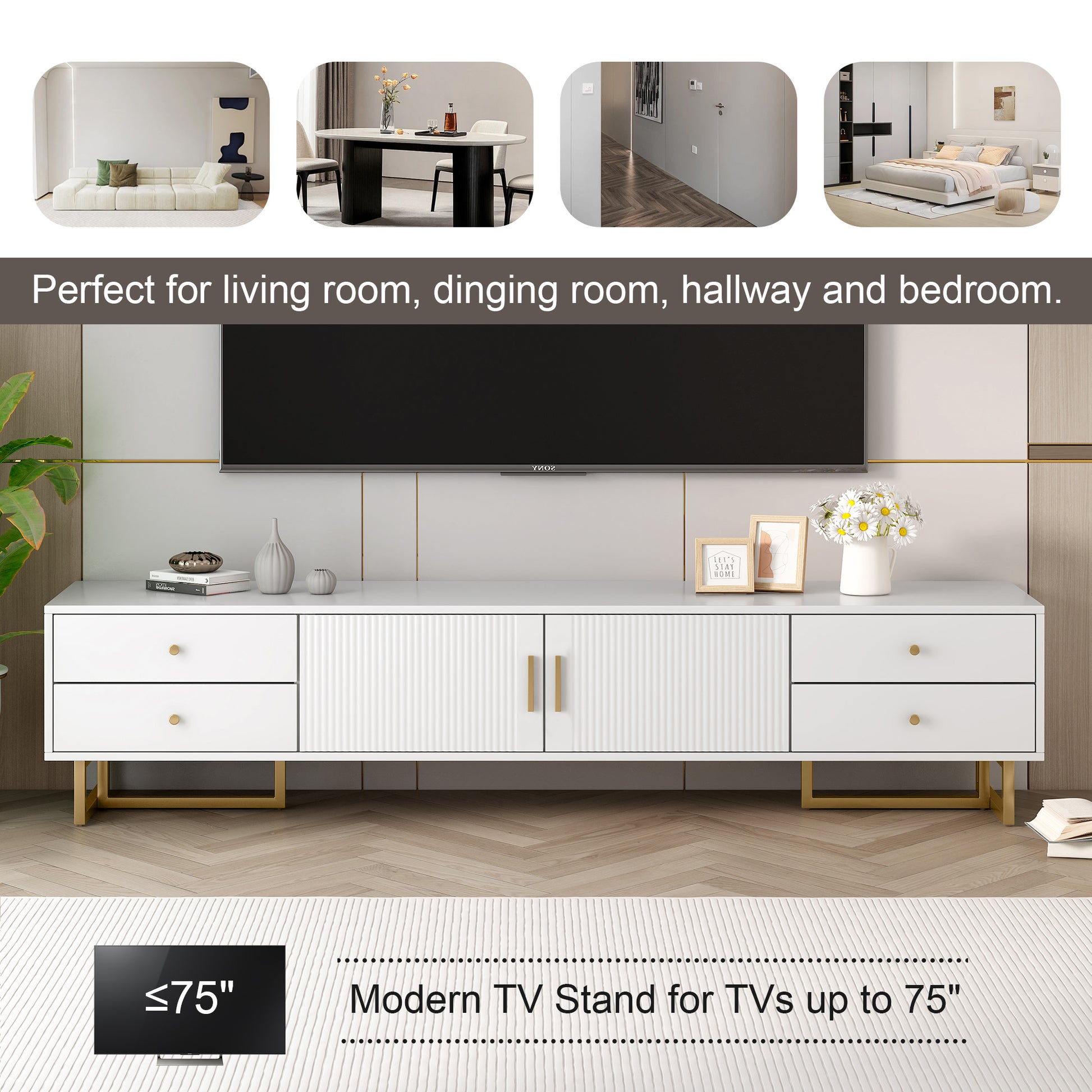 Tv Stand For 65 Inch Tv, Entertainment Center Tv Media Console Table, Modern Tv Stand With Storage, Tv Console Cabinet Furniture For Living Room White 70 79 Inches Mdf