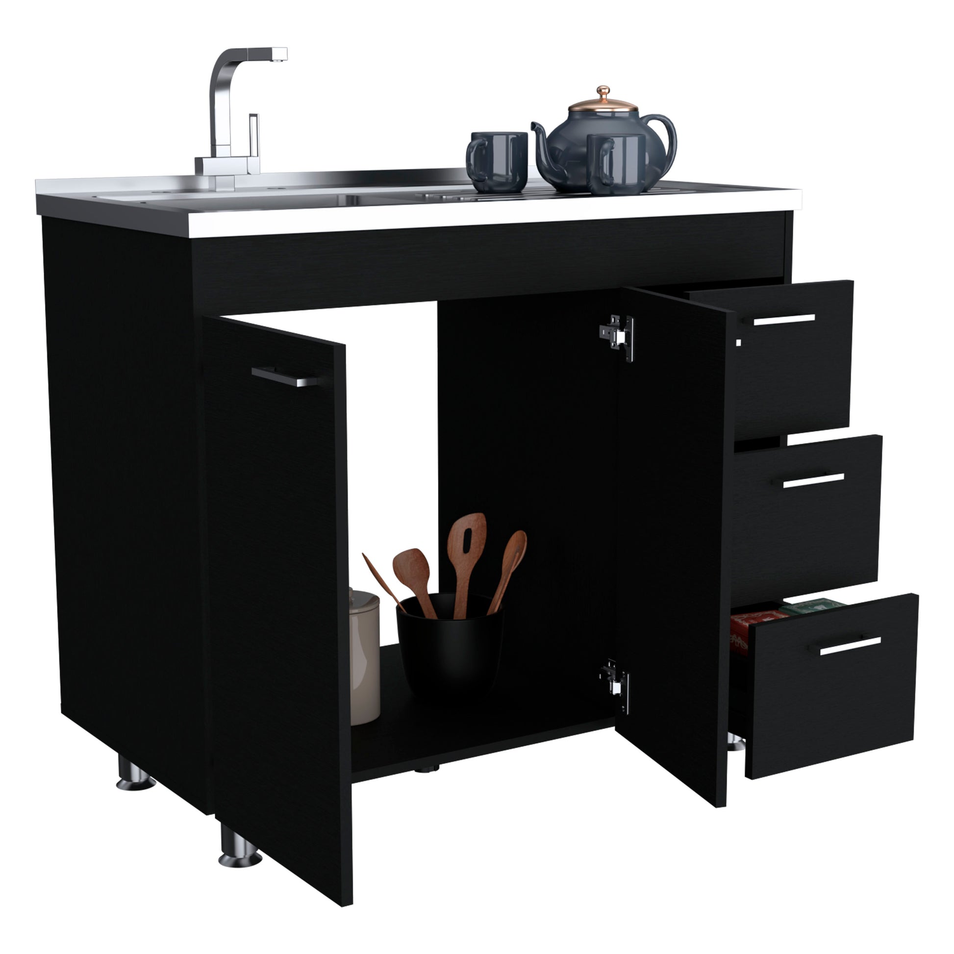 Ferretti Utility Sink With Three Drawers And Double Door Cabinet Black Black Kitchen Modern Particle Board