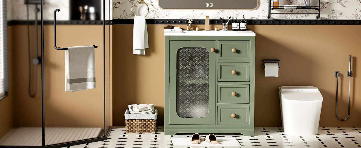 30 Inch Bathroom Vanity With A Soft Close Glass Door, Adjustable Shelves, And Three Drawers Green Bathroom Solid Wood Mdf Glass