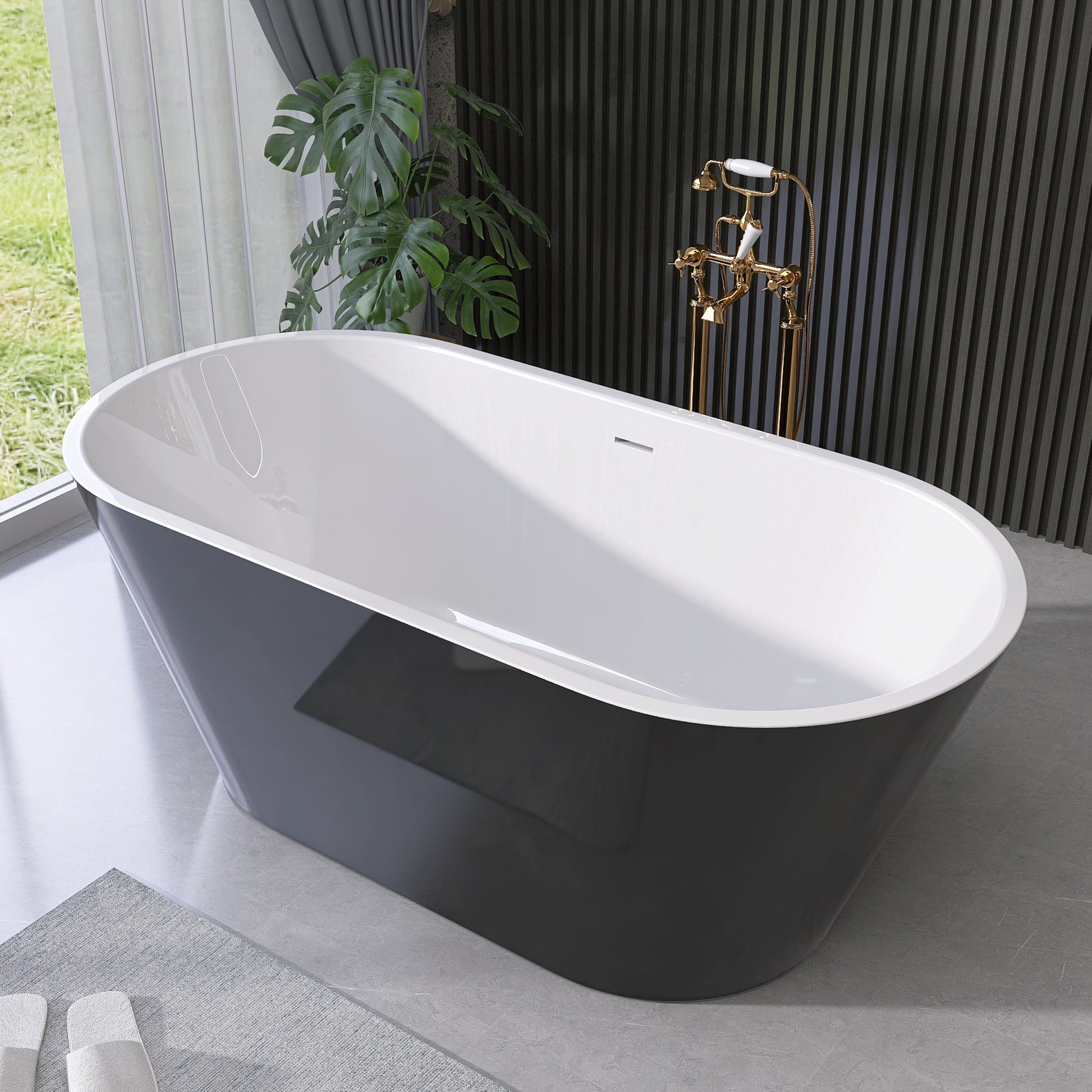 55 Inch Acrylic Freestanding Bathtub Contemporary Soaking White Tub With Overflow And Pop Up Drain Gloss Black Black White Oval Bathroom Freestanding Tubs Polished Less Than 59 In Contemporary,Modern Soaking Center Fiberglass Acrylic