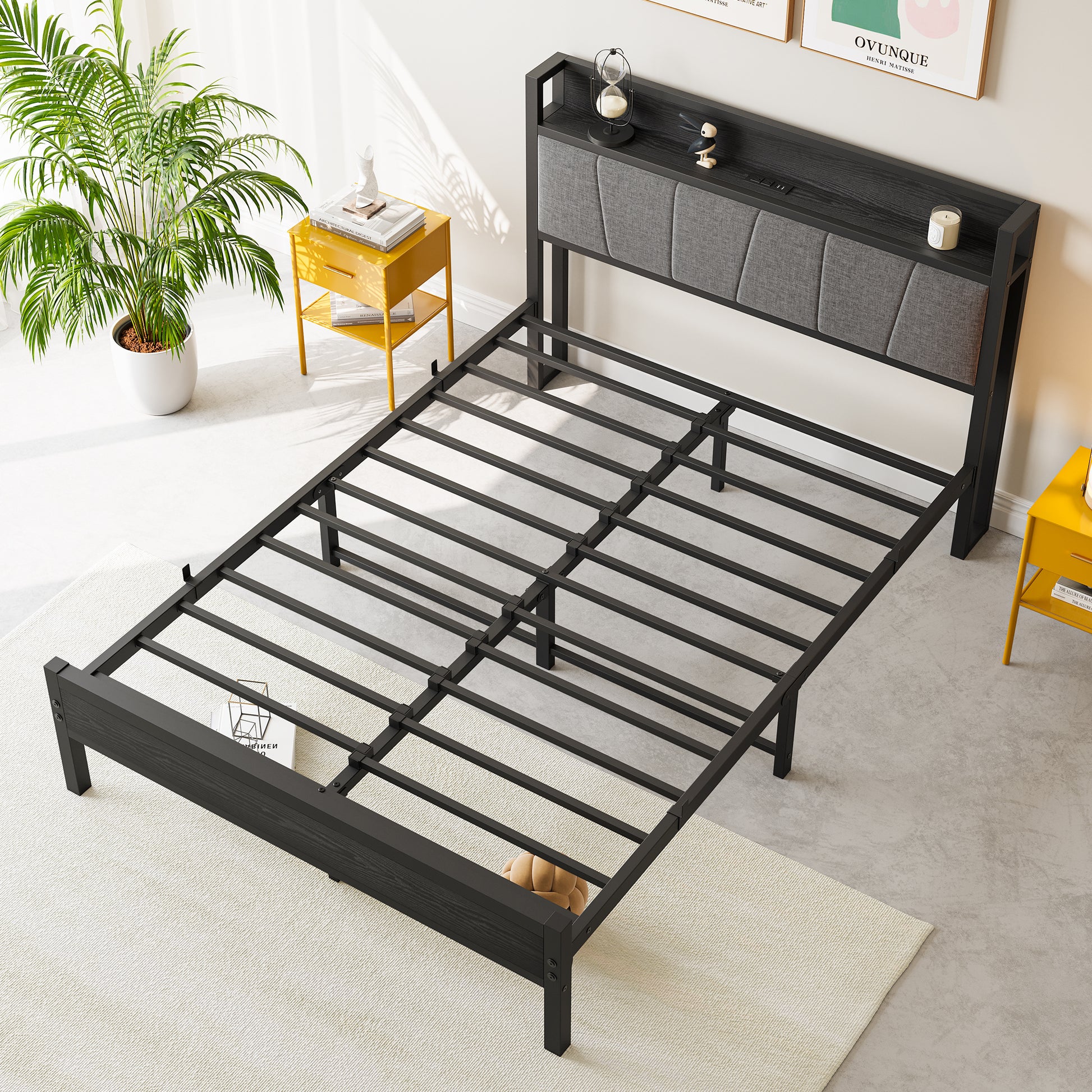 Full Size Bed Frame, Storage Headboard With Charging Station, Solid And Stable, Noise Free, No Box Spring Needed, Easy Assembly Box Spring Not Required Full Black Iron Bedroom Bed Frame Metal & Wood