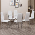 Table And Chair Set.Rectangular Dining Table With Tempered Glass Tabletop And Silver Plating Metal Legs.Paired With 6 Checkered Armless High Back White Chairs With Electroplated Metal Legs. White Seats 6 Glass Metal