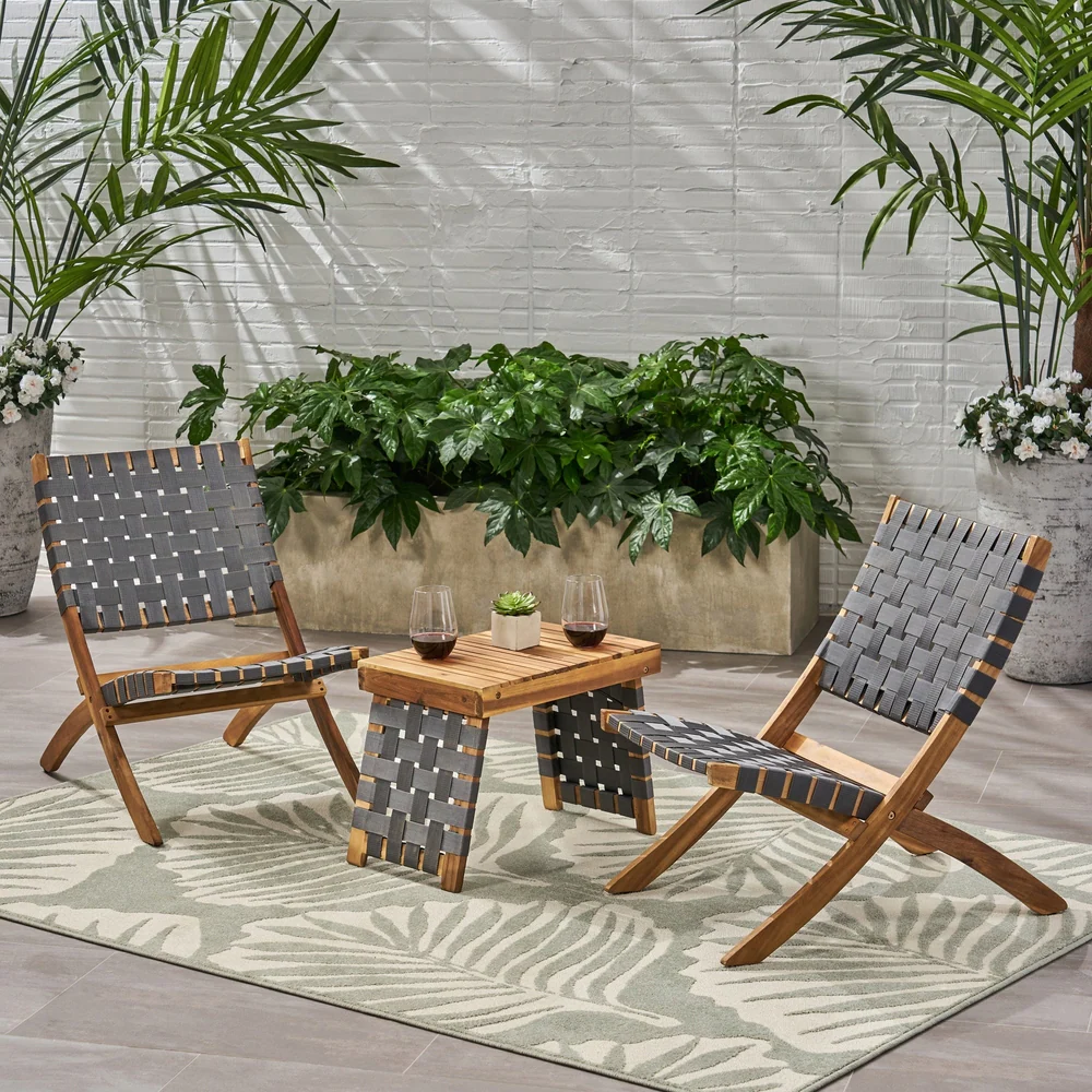 Huntsville Outdoor Foldable 2 Seater Acacia Wood Chat Set With Strapping Belt Accents, Brown And Gray Complete Patio Set Brown Gray Seats 2 Garden & Outdoor 2 Person Seating Group Acacia Wood,Wicker