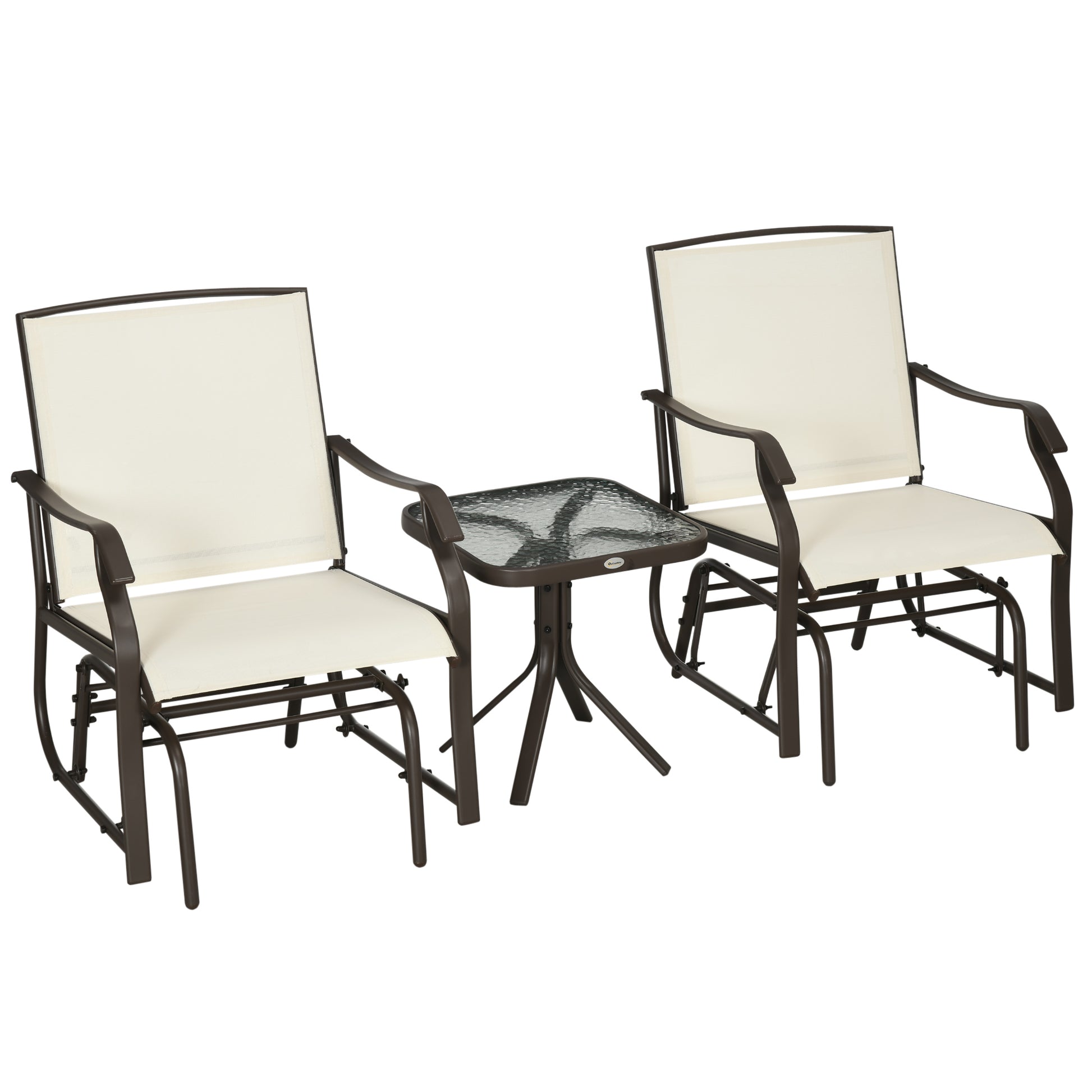 Outsunny 3 Piece Outdoor Glider Chair With Coffee Table Bistro Set, 2 Patio Rocking Swing Chairs Withsling Fabric, Glass Tabletop, For Backyard, Garden And Porch, Cream White Cream White Fabric Metal