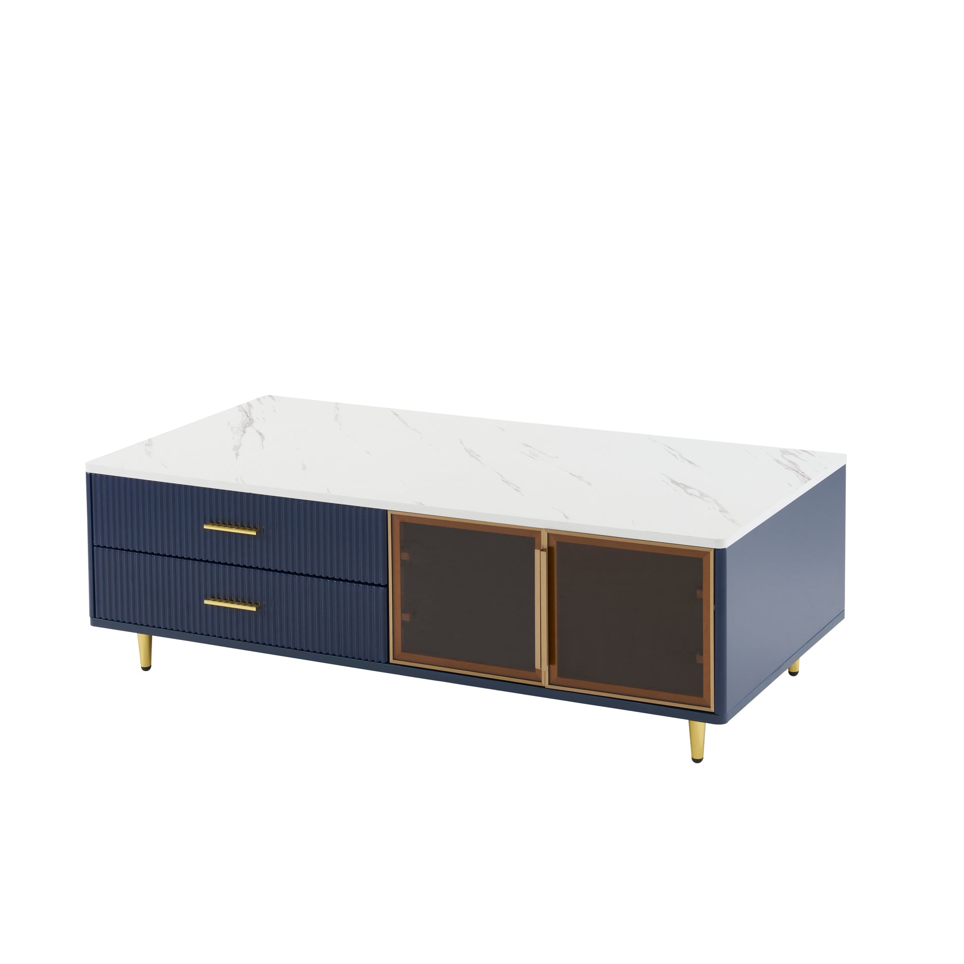 Modern Navy Blue Coffee Table With 2 Glass Door Storage, 4 Drawers, Gold Metal Legs, And Multi Color Lighting In 47.2'' Navy Blue Drawers Mdf