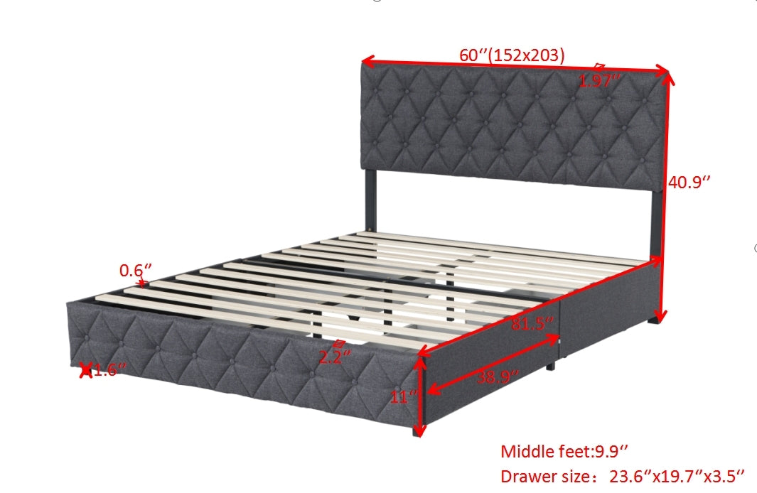 Queen Size Upholstered Platform Bed Frame With 4 Storage Drawers, Adjustable Linen Headboard, Wooden Slats Support, No Box Spring Needed, Easy Assembly,Grey Box Spring Not Required Queen Grey Wood Bedroom American Design Bed Frame Linen Linen