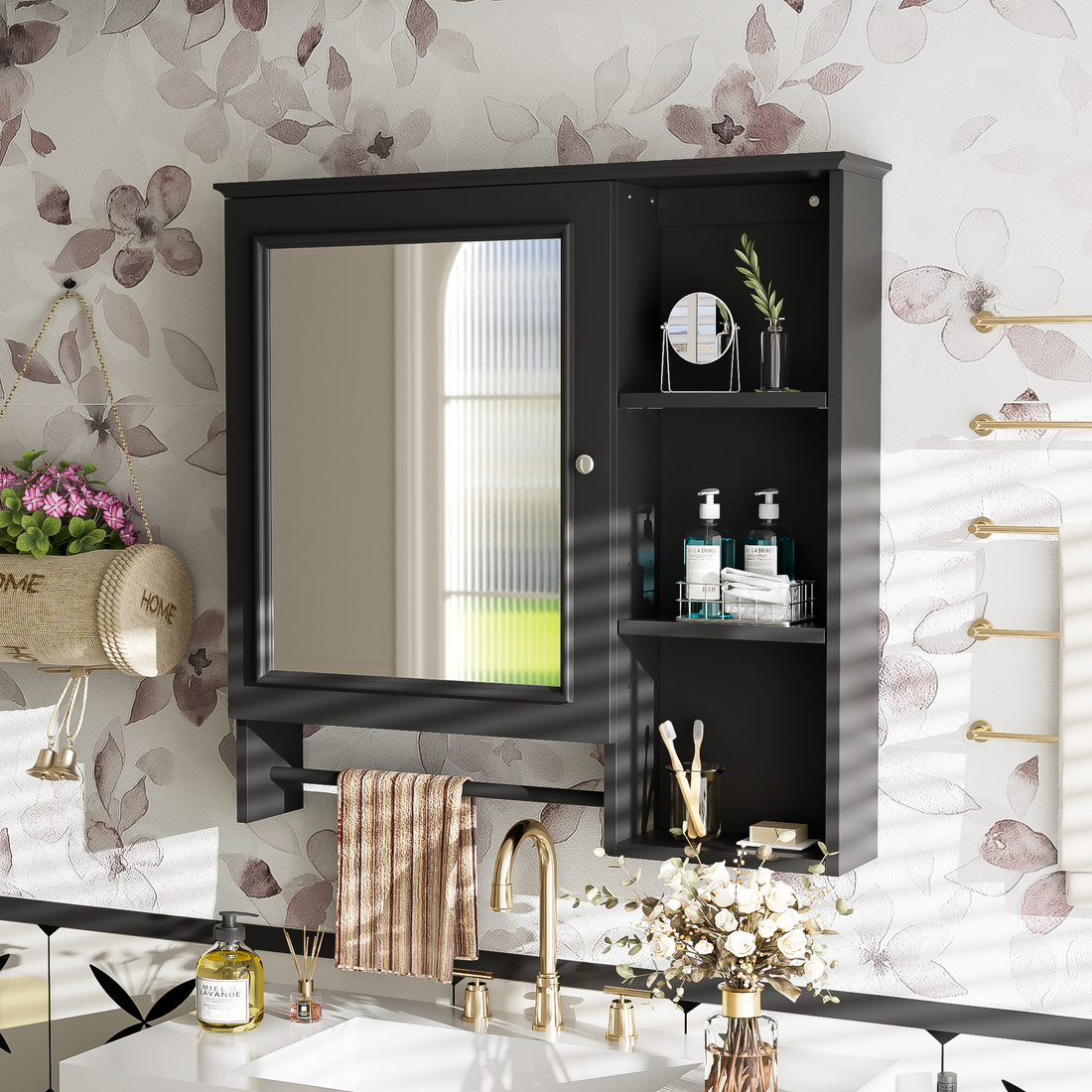 Wall Mounted Bathroom Storage Cabinet, Medicine Cabinets With Large Mirror Door, Adjustable Shelves And Three Open Storage Levels Not Include Bathroom Vanity Black 1 5 Mirror Included Bathroom Wall Mounted Mdf Glass Painted