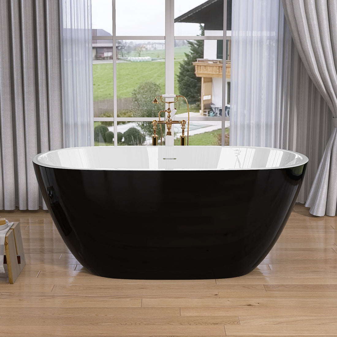 55 Inch Acrylic Freestanding Bathtub Modern Stand Alone Soaking Bathtub With Overflow And Pop Up Drain Gloss Black Black White Oval Bathroom Freestanding Tubs Polished Less Than 59 In Contemporary,Modern Soaking Center Fiberglass Acrylic