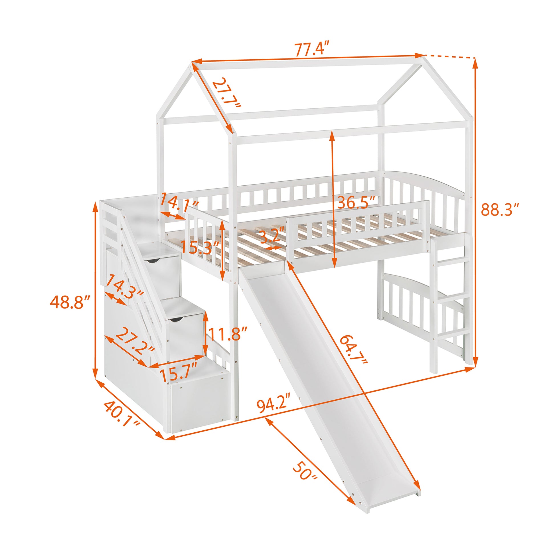 Twin Loft Bed With Two Drawers And Slide, House Bed With Slide, White Old Sku: Lp000130Aak Twin White Solid Wood