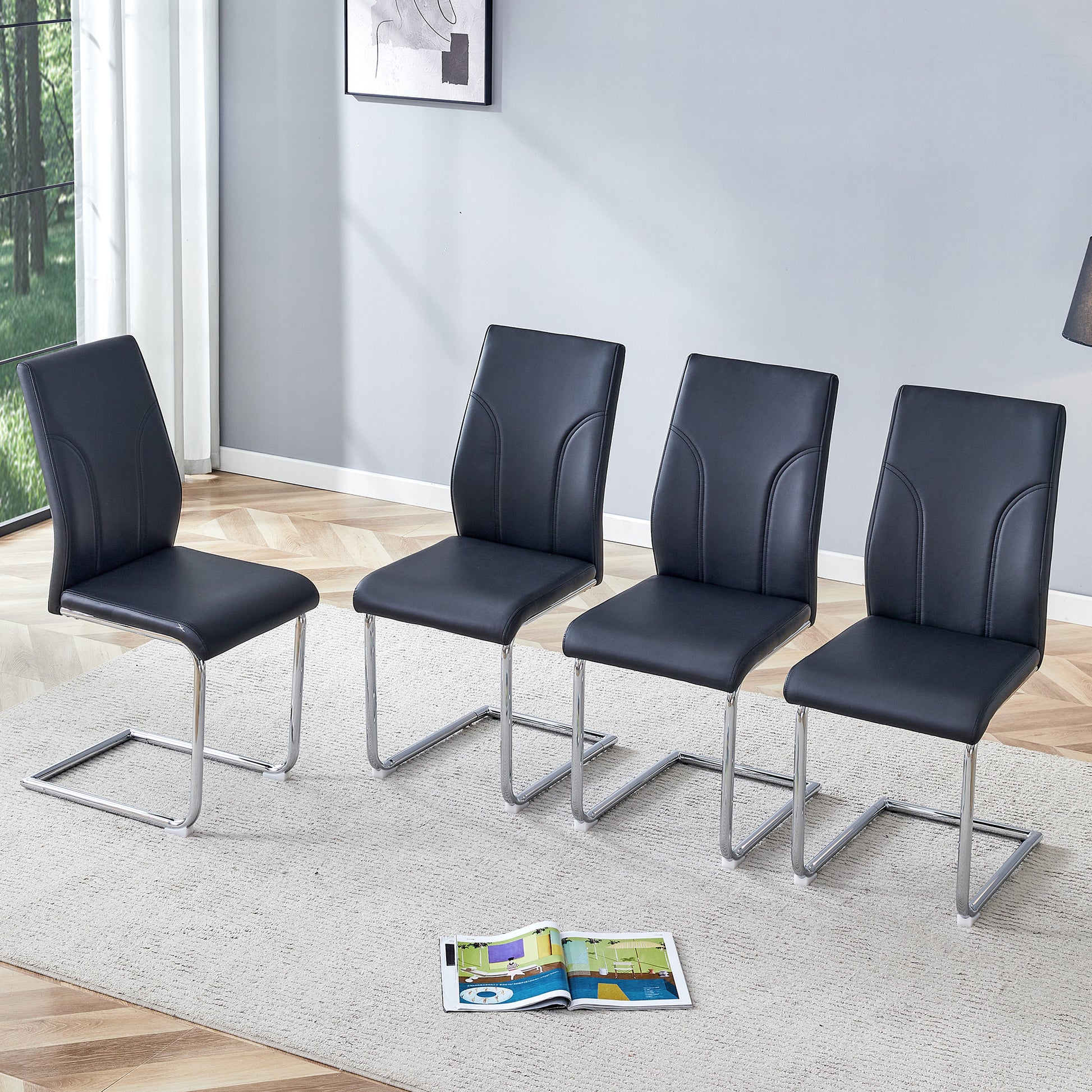 4 Dining Chair Set, Black Dining Chair Set, Pu Material High Back Seat And Sturdy Leg Chair, Suitable For Dining Room, Kitchen, Living Room Black Pu