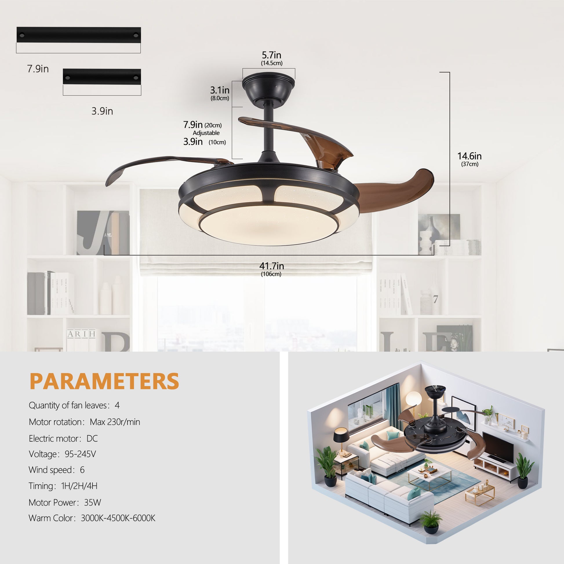 Modern Minimalist Invisible Ceiling Fan Light Retractable Fan With Led Fixtures For Living Room, Bedroom And Dining Room Black Acrylic Iron