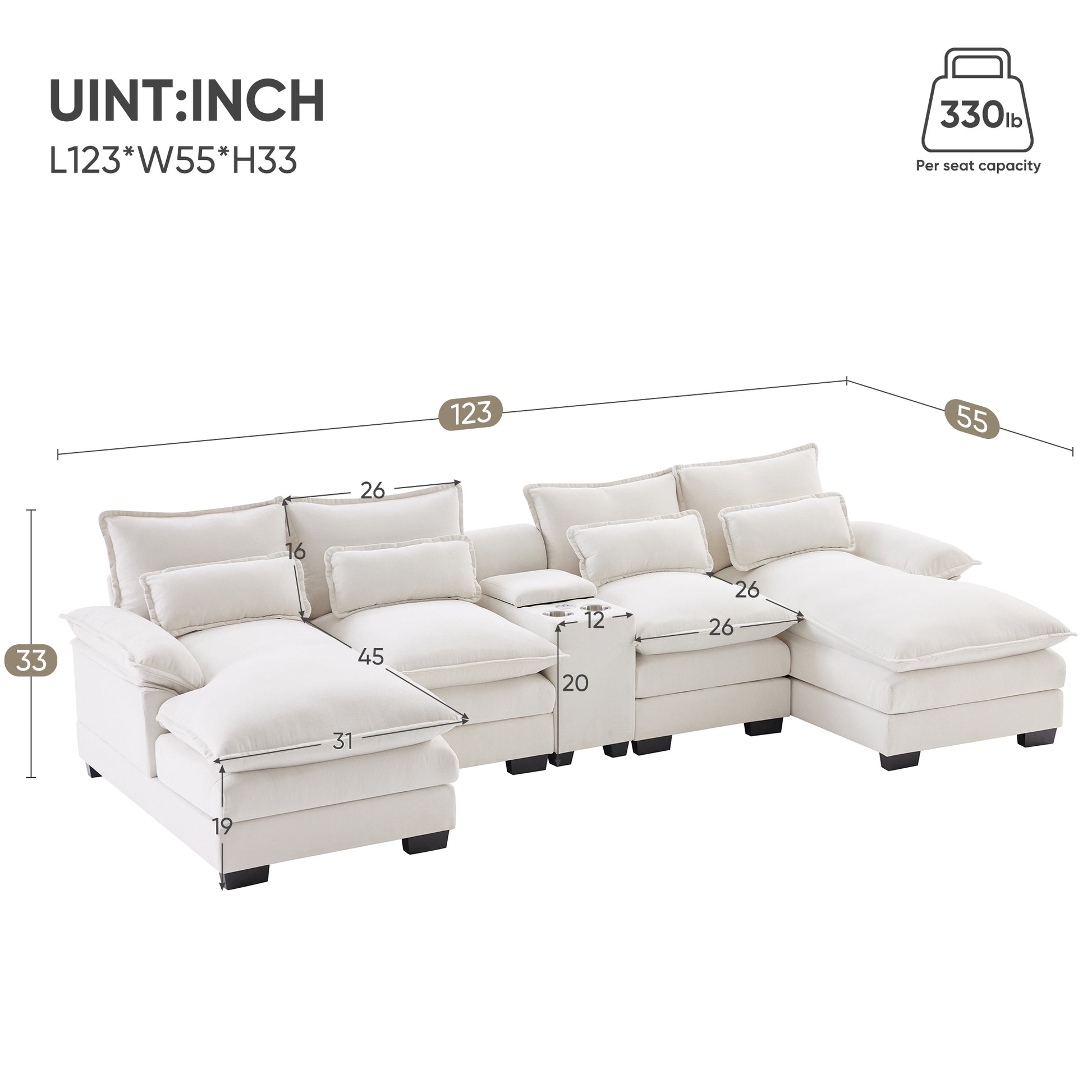 123*55" Modern U Shaped Sofa With Console,Cupholders And Usb Ports,6 Seat Upholstered Symmetrical Indoor Furniture,Sleeper Couch Set With Chaise For Living Room,Apartment,2 Colors White Chenille 6 Seat