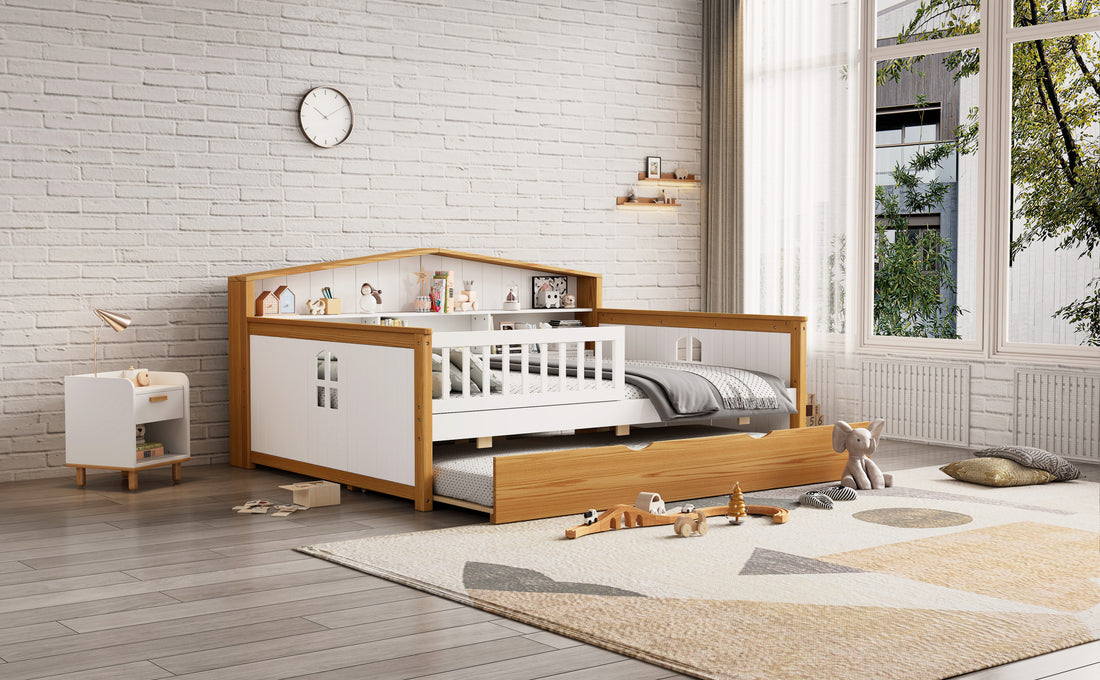 Full Size House Shape Daybed With Trundle And Bookcase Headboard Wooden Bed For Girls Boys Teens, No Box Spring Needed, Walnut And White Box Spring Not Required Full White Walnut Wood Bedroom Cute Pine Bed Frame Wood