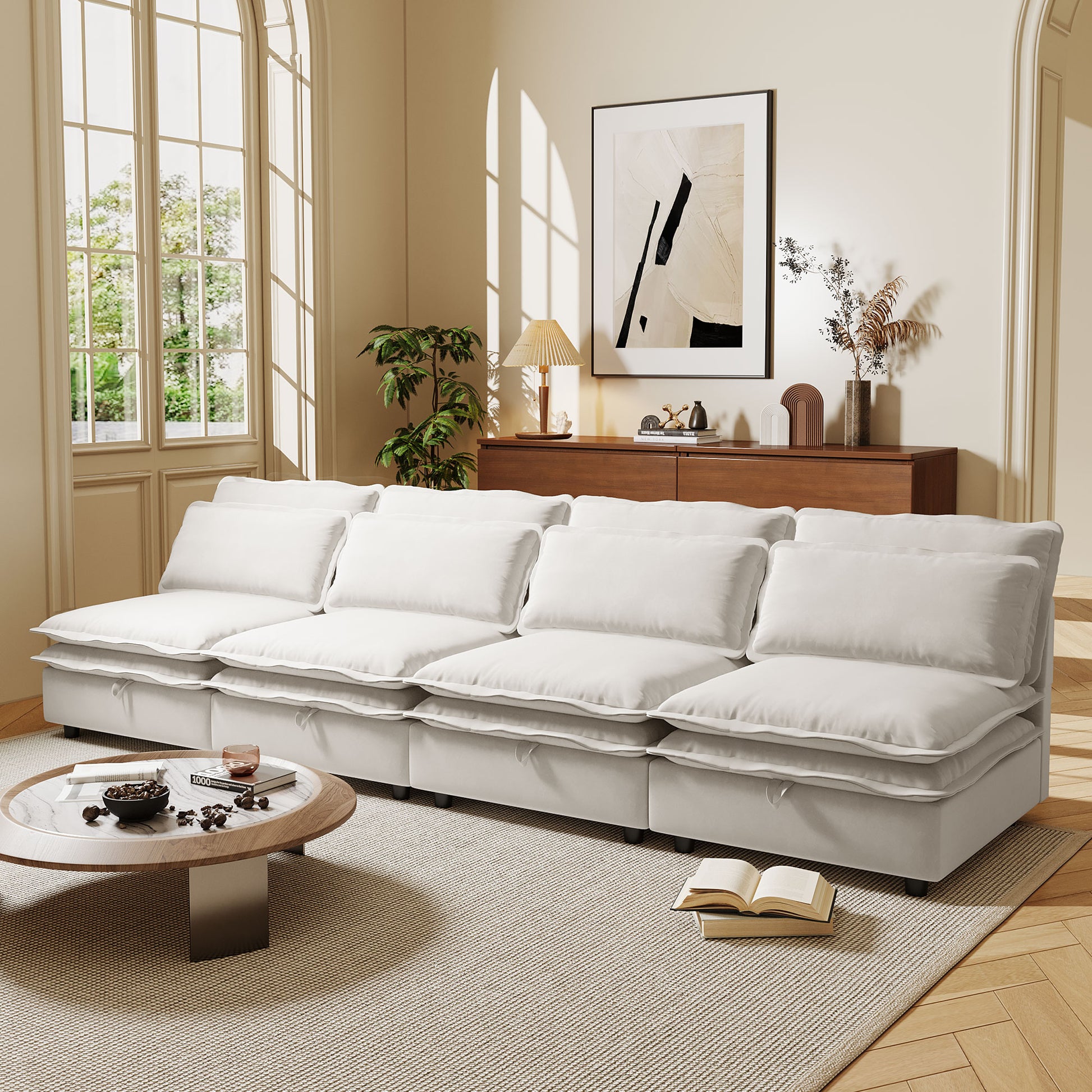 Double Layer Cushion Modular Sofa, Freely Combinable, 4 Seater With Storage Function, Includes 4 Soft Cushions, Perfect For Living Rooms, Offices, And Apartments Beige Polyester 4 Seat
