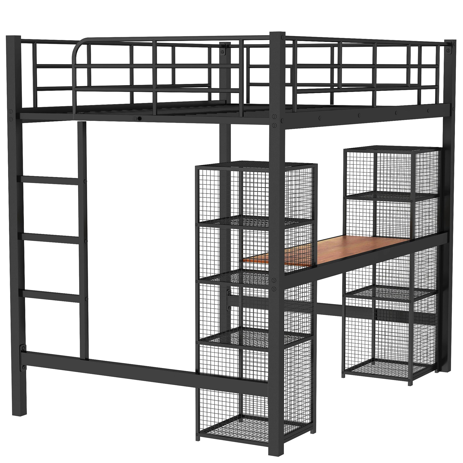 Full Size Metal Loft Bed With Built In Desk And Shelves, Black Brown Box Spring Not Required Full Black Brown Metal Bedroom Mdf Metal