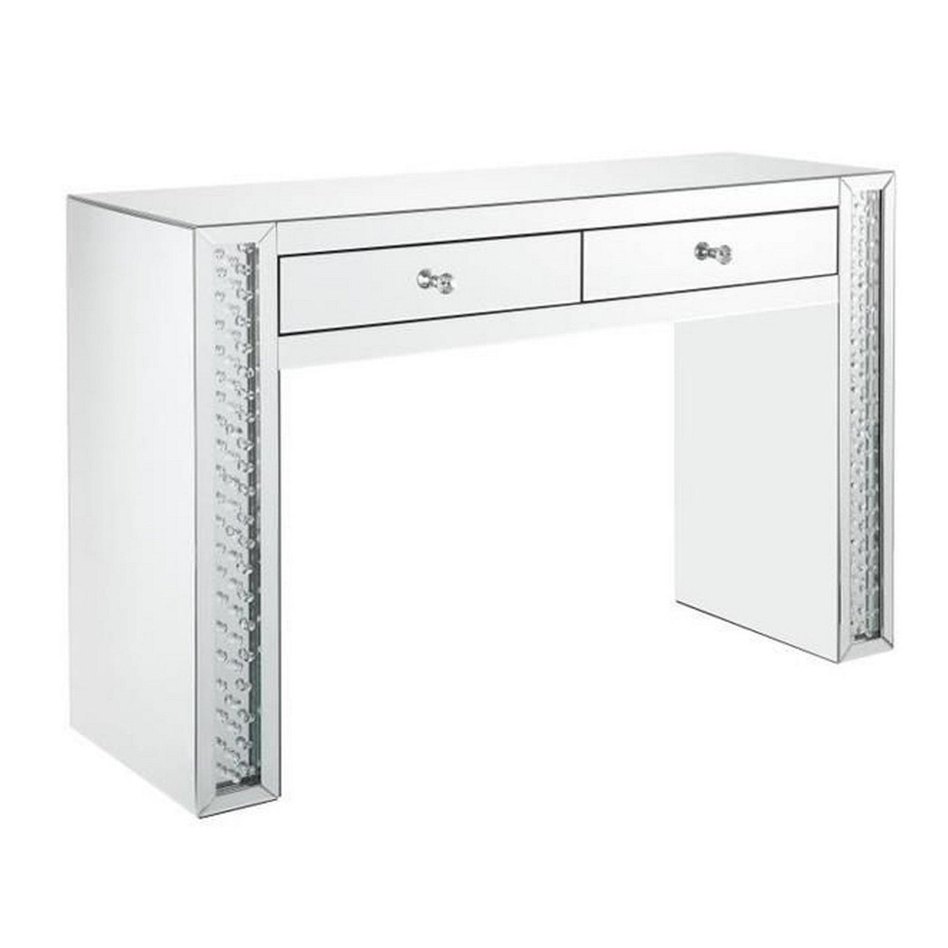 Mirror Accented Two Drawers Wooden Vanity Desk With Faux Crystal Inlay, Silver Silver Engineered Wood