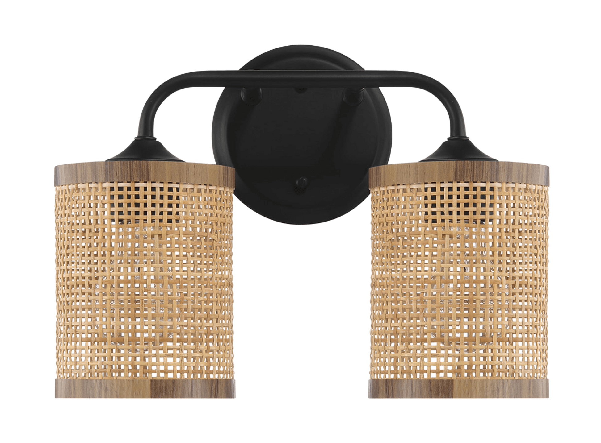 Quell Double Light Vanity With Natural Rattan Shade Wall Lamp Black,Rattan Metal,Rattan