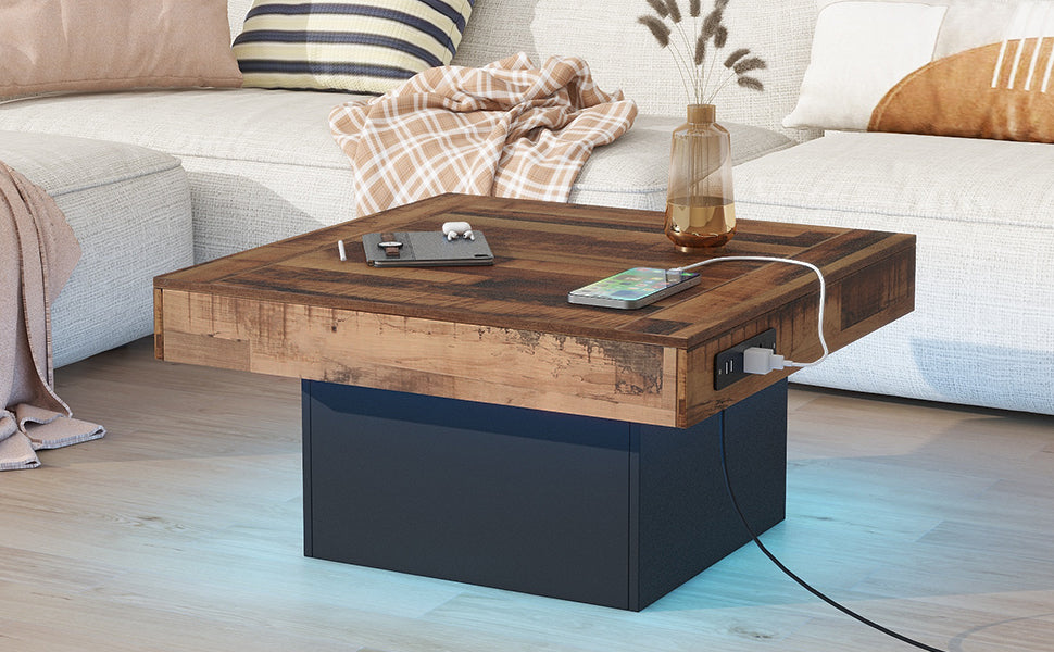 31.4'' X 31.4'' Farmhouse Coffee Table With 2 Usb Ports And Outlets, Brown Spliced Wood Grain Center Table With Led Light, Rustic Cocktail Table With Charging Station For Living Room, Black Black Primary Living Space Square Particle Board