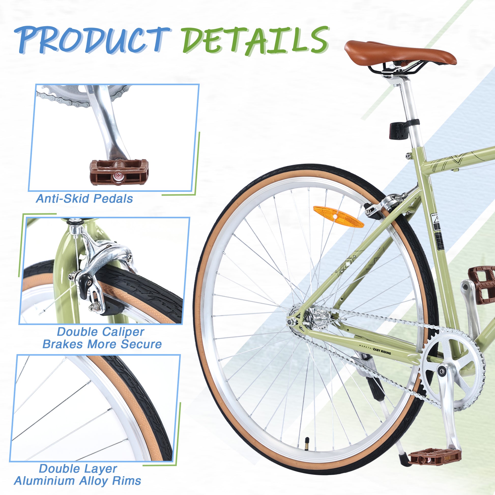 Single Speed Retro Style 700C Road Bike For Men Women'S City Bicycle,Steel Frame Light Green Steel