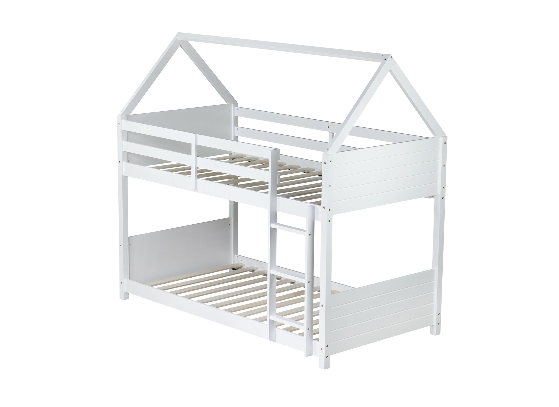 Twin Over Twin House Floor Bunk Bed With Headboards, Footboards And Guardrails, Ladder, Rubber Wood Bunk Bed With Safety Guardrails,White Twin White Rubber Wood
