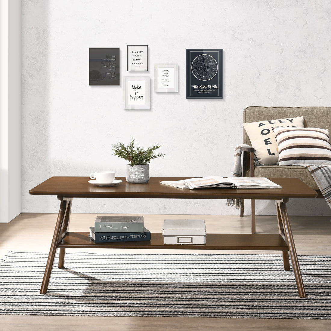 Arona Mid Century Modern Wood Coffee Table With Shelf Brown Primary Living Space Rubberwood Rectangular Coffee & End Tables Rectangular Mdf