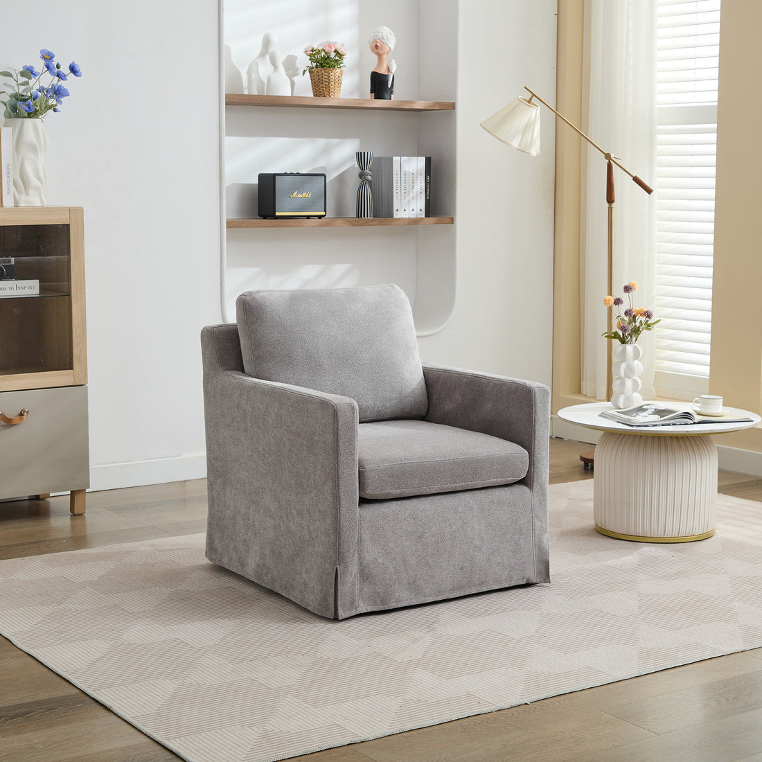 29.92'' Swivel Accent Chair, Upholstered Skirted Swivel Chair With Removable Back Cushion, 360 Degree Comfy Armchair For Living Room, Nursery, Lounge,Office,Gray Chenille Gray Chenille