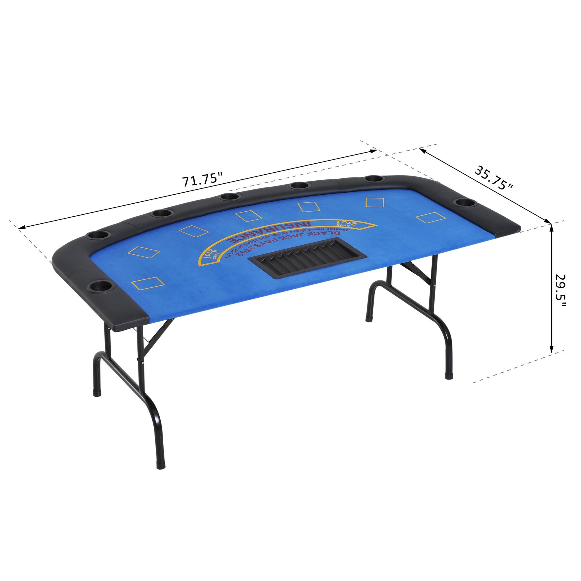 Soozier Poker Table Foldable, 72" Blackjack Table For 7 Players With Chip & Cup Holder, Blue Felt Blue Mdf Steel