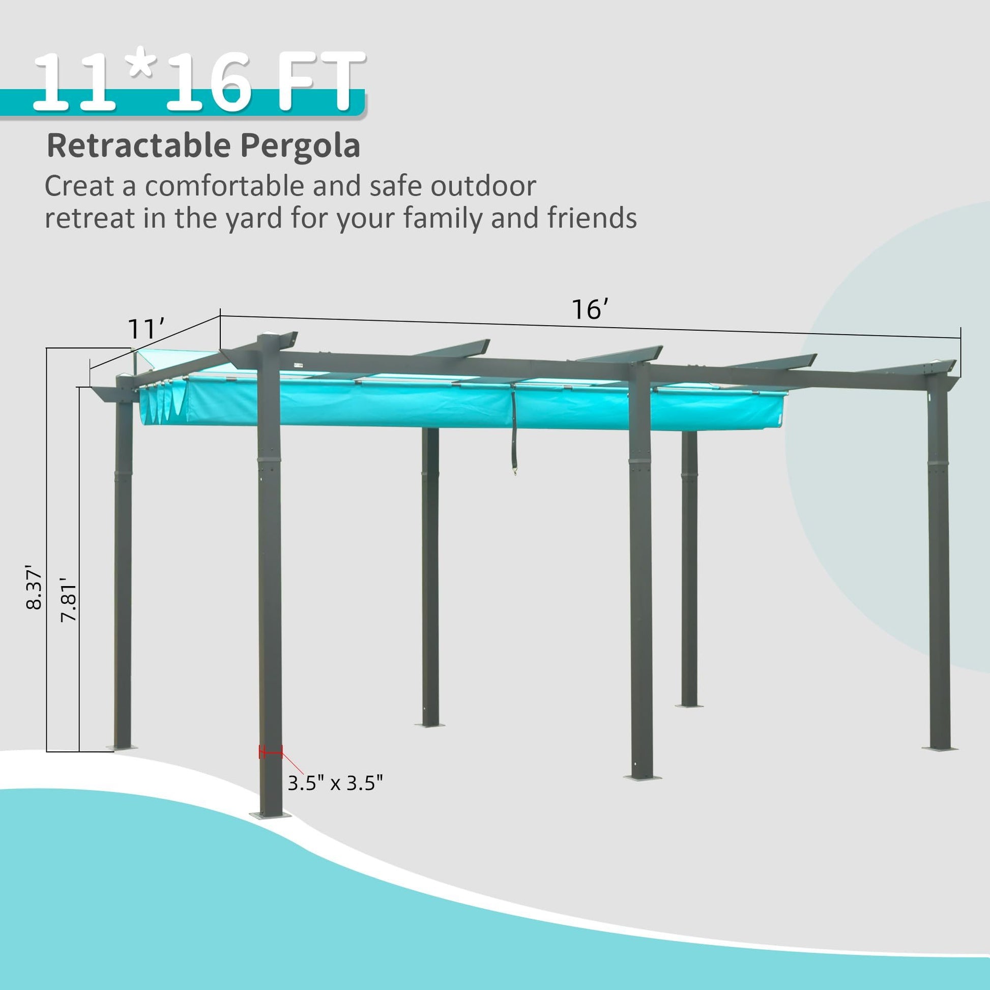 11 X 16 Ft Outdoor Living Outdoor Retractable Pergola With Weather Resistant Canopy Aluminum Garden Pergola Patio Grill Gazebo For Courtyard Lake Blue Lake Blue Rectangular Manual Uv Resistant Aluminum