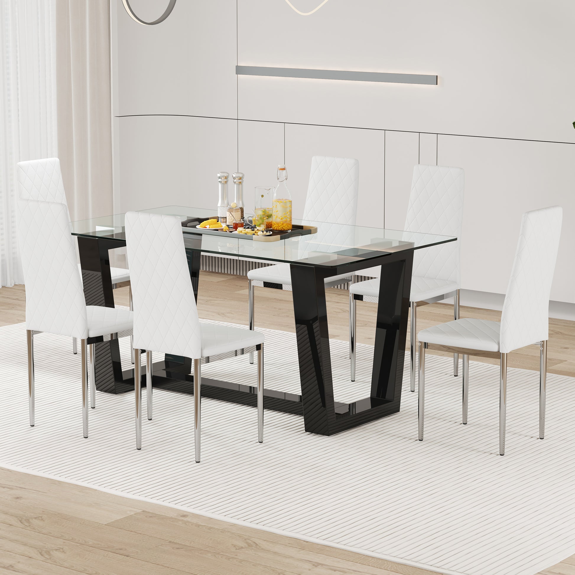 Table And Chair Set.A Rectangular Dining Table Features With Tempered Glass Top And Sleek Black Mdf Stand.Paried With 6 Pu Chairs With Checkered Armless High Back And Electroplated Metal Legs. Transparent,White Seats 6 Mdf Glass