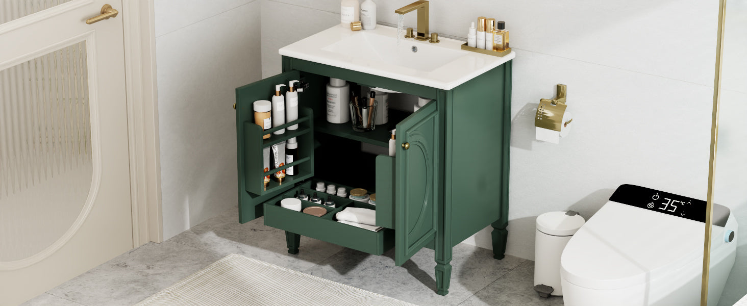 30" Bathroom Vanity With Sink, Two Doors With Shelf, Soft Close Door Hinges, Vintage Style, Green Green Ceramic Mdf,Rubber Wood