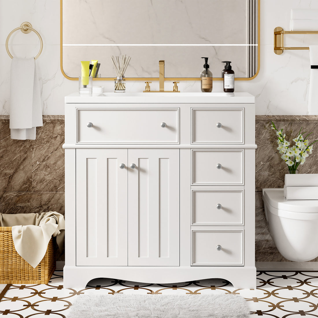 36'' Bathroom Vanity With Resin Sink Combo, Solid Wood Frame Bathroom Storage Cabinet, Freestanding Vanity Set With 3 Drawers& Adjustable Shelf White Bathroom Modern Solid Wood Mdf Resin