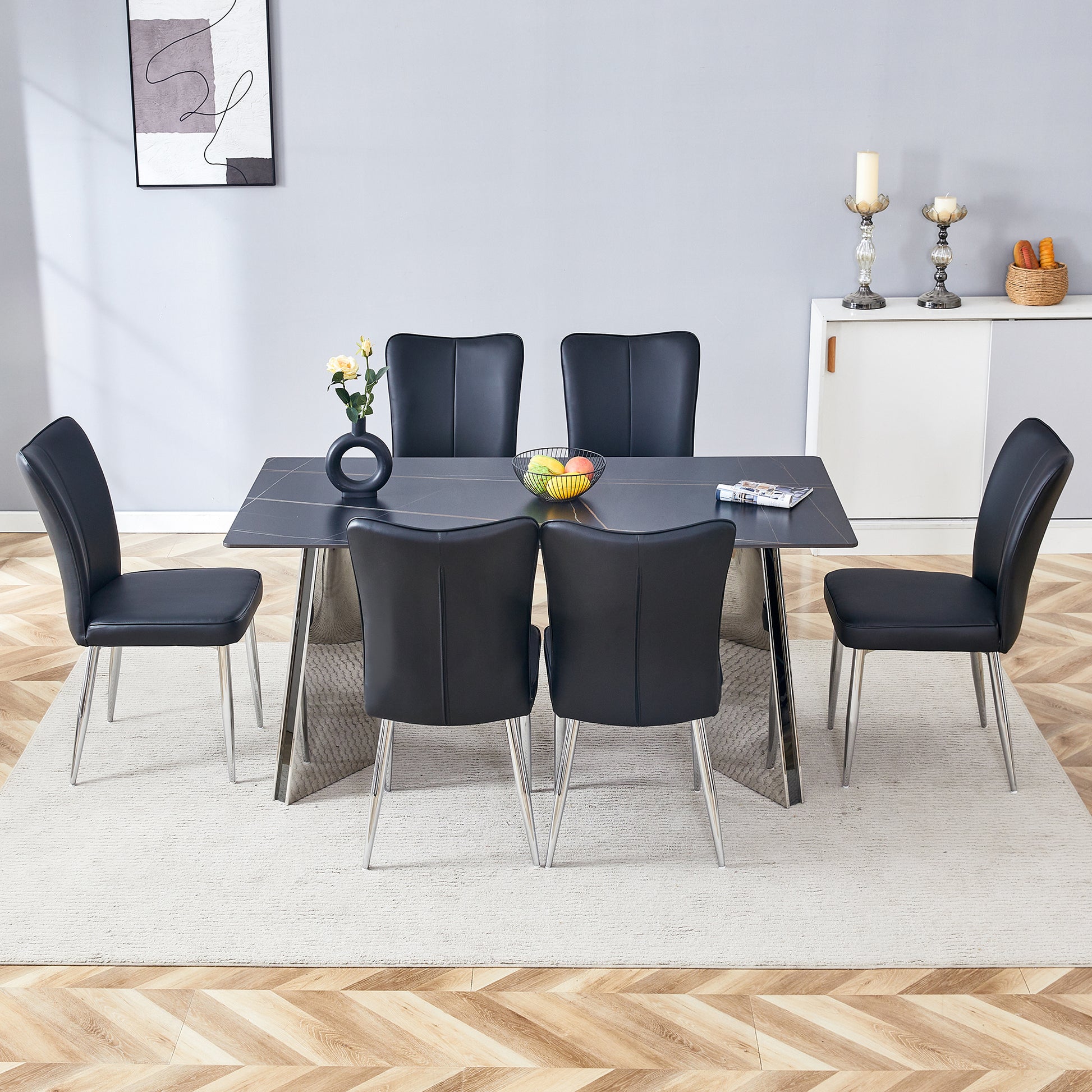 Table And Chair Set.63"X31.5X30" Black Marble Patterned Slabs Tabletop With Stainless Steel Butterfly Legs.Paired With 6 Black Pu Dining Chairs With A Vertical Stripe Design On The Backrest. Black