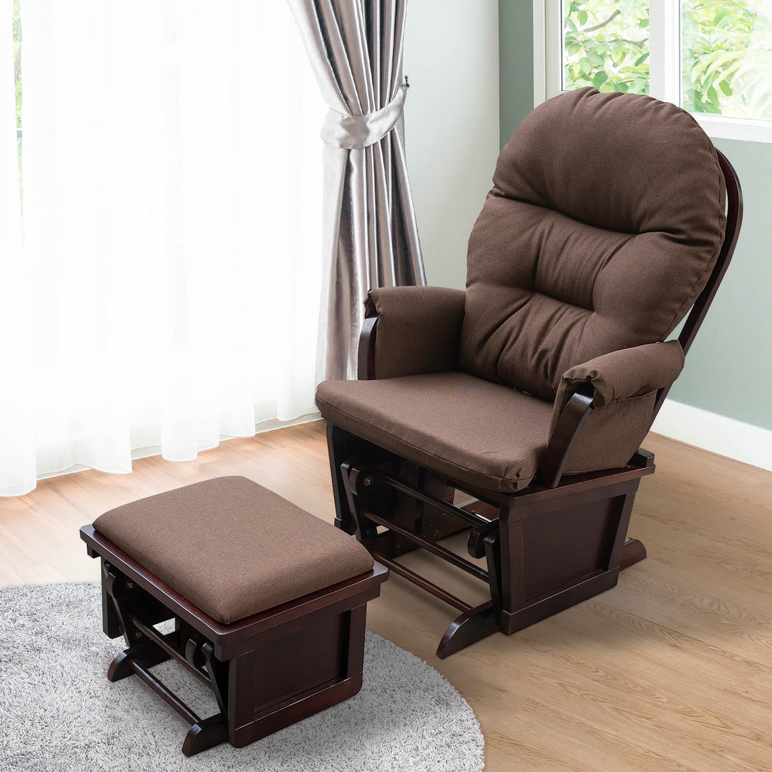 Homcom Nursery Glider Rocking Chair With Ottoman, Thick Padded Cushion Seating And Wood Base, Brown Brown Polyester