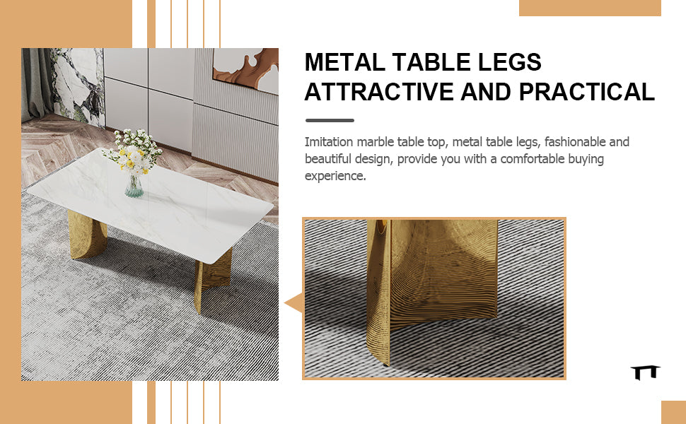 Table And Chair Set.The Table Has A Glass Top With Imitation Marble Pattern Stickers And Stainless Steel Golden Legs. Paried With Chairs With Pu Artificial Leather Backrest Cushions And Black Legs. White Gold Seats 6 Glass Metal