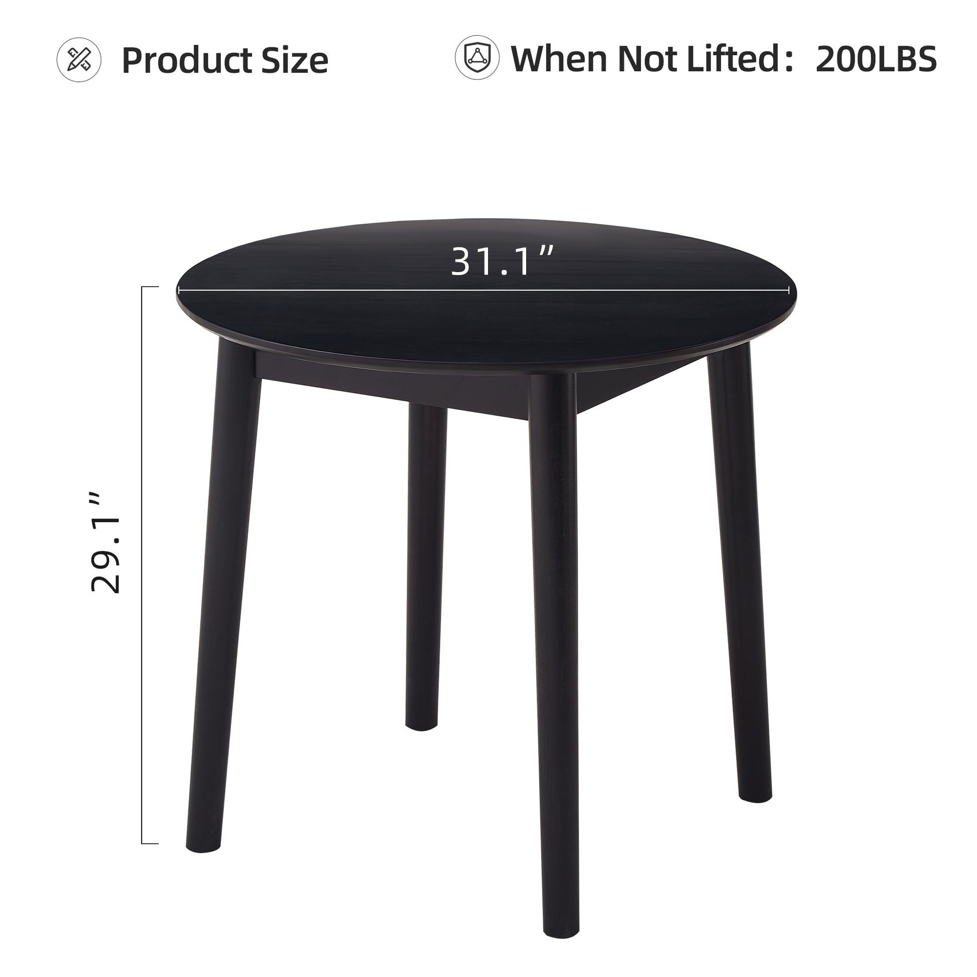 Black Round Table, All Solid Wood, Can Sit 2 4 People Diameter 31.5 Inches Black Solid Wood