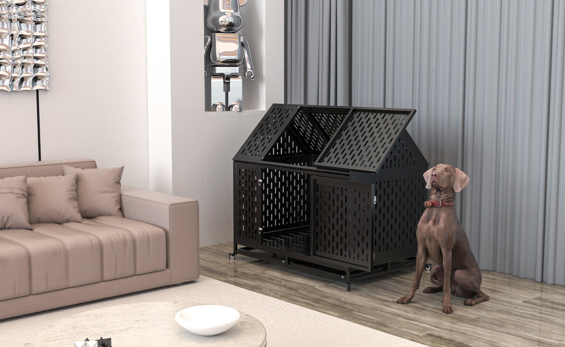 45" Heavy Duty Dog Crate 45 Inch Indestructible Pet Dog Cage Crate Kennel With Roof Top 2 Doors Removable Trays, Lockable Wheels, Escape Proof For High Anxiety Large Extra Dogs Black Outdoor Kennel Large 41 70 Lbs Steel