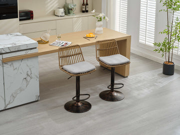 Set Of 2 Rattan Bar Stool, 360 Swivel Bar Chair, Counter Height Chair With Footrest For Kitchen, Dining Room Grey Wicker