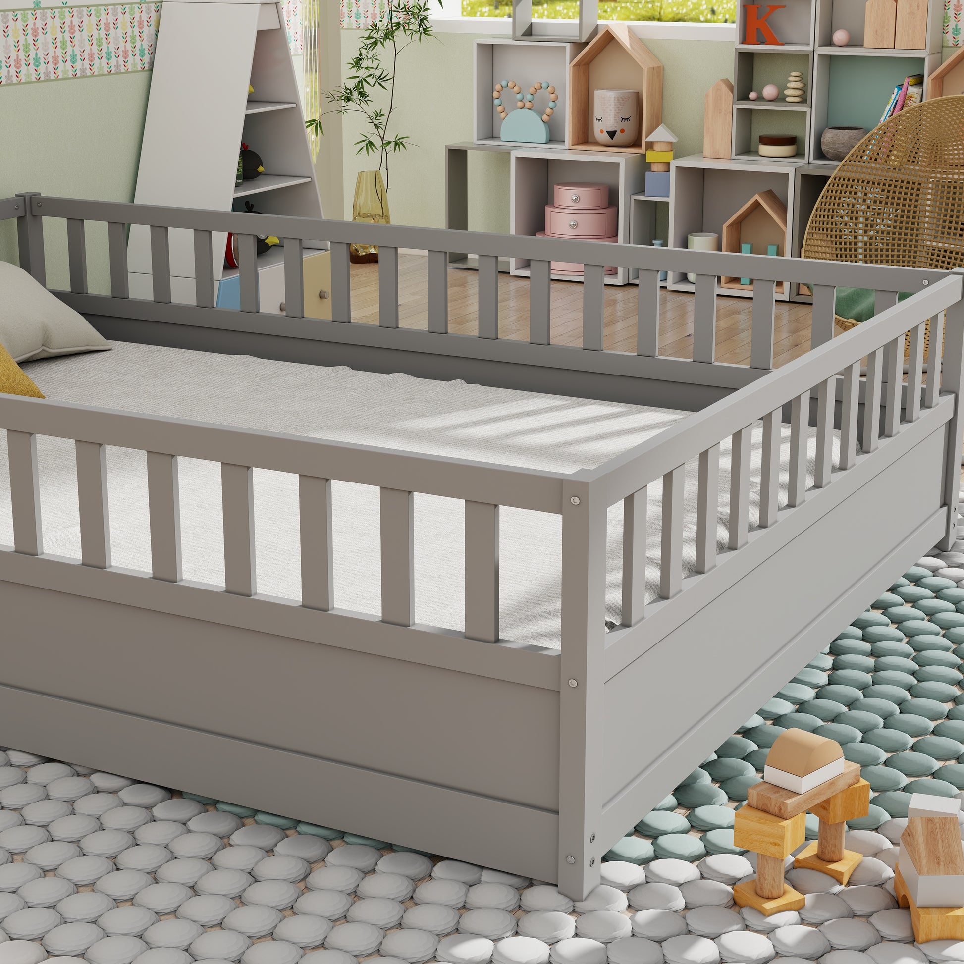 Full Size Floor Bed, Integral Construction With Super High Security Barrier, Door, Children'S Floor Bed Frame, Montessori Wooden Children'S Floor Bed, Support Slat Grey Box Spring Required Full Grey