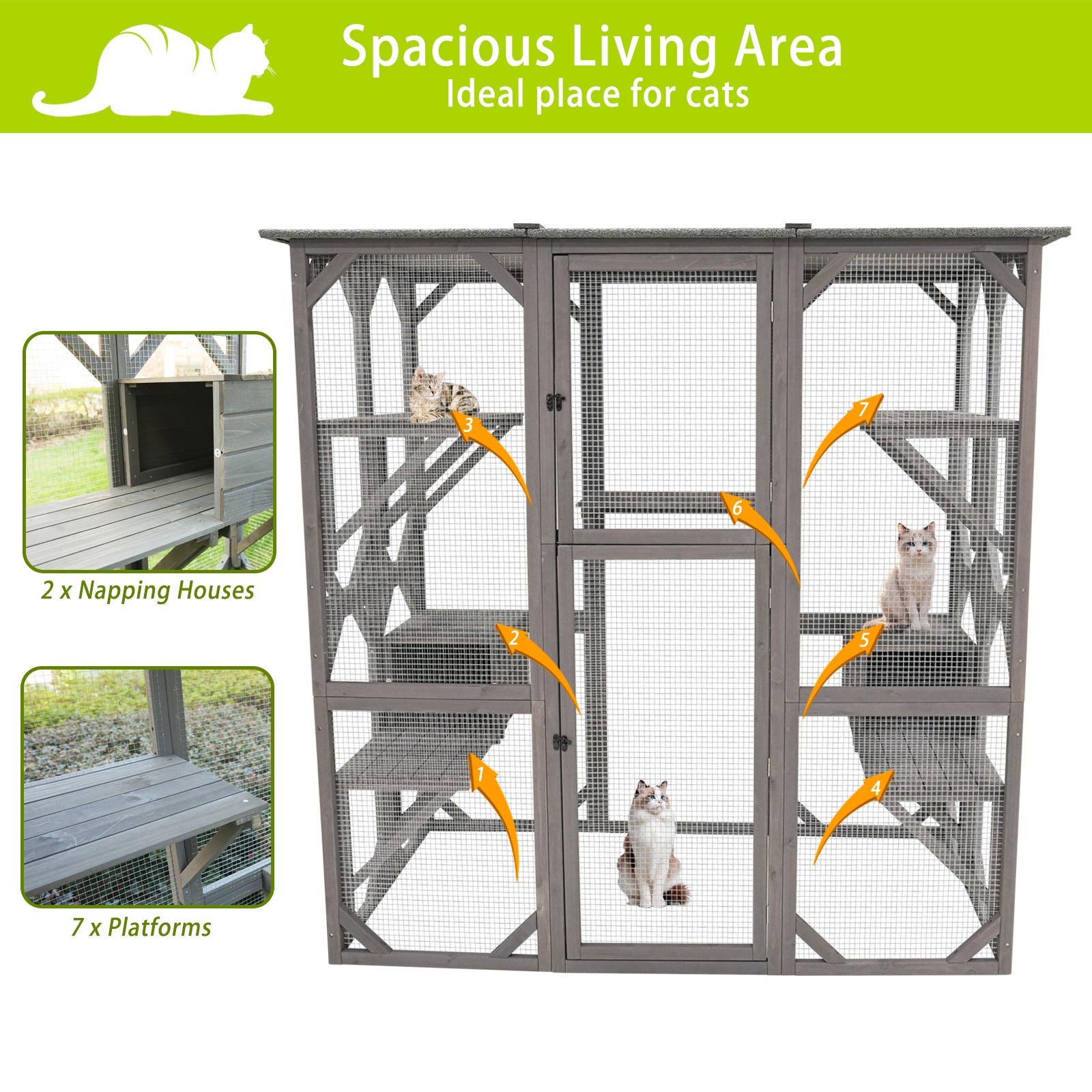 Catio Outdoor Cat Enclosure Cat Catio Cat House, Cat Cage Condo Indoor Playpen Kitty House Shelter With Multi Platforms, Waterproof Roof, Pull Out Tray 71.3" L X 38.4" W X 70.7" H Grey Solid Wood