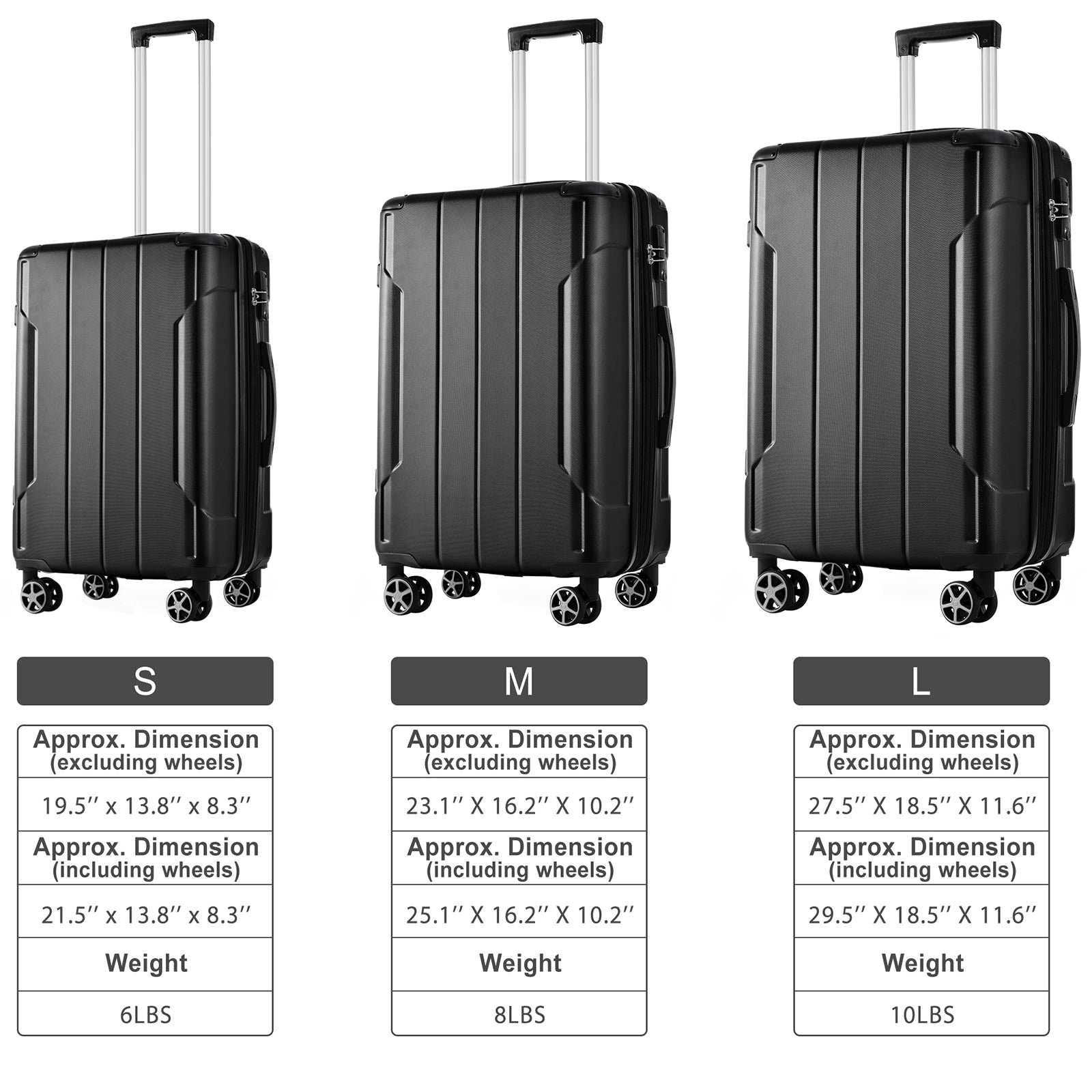 Luggage Sets 3 Piece, Expandable Hard Shell Abs Suitcases With Double Spinner, Travel Luggage Set With Tsa Lock 20 24 28Inch, Black Black Abs