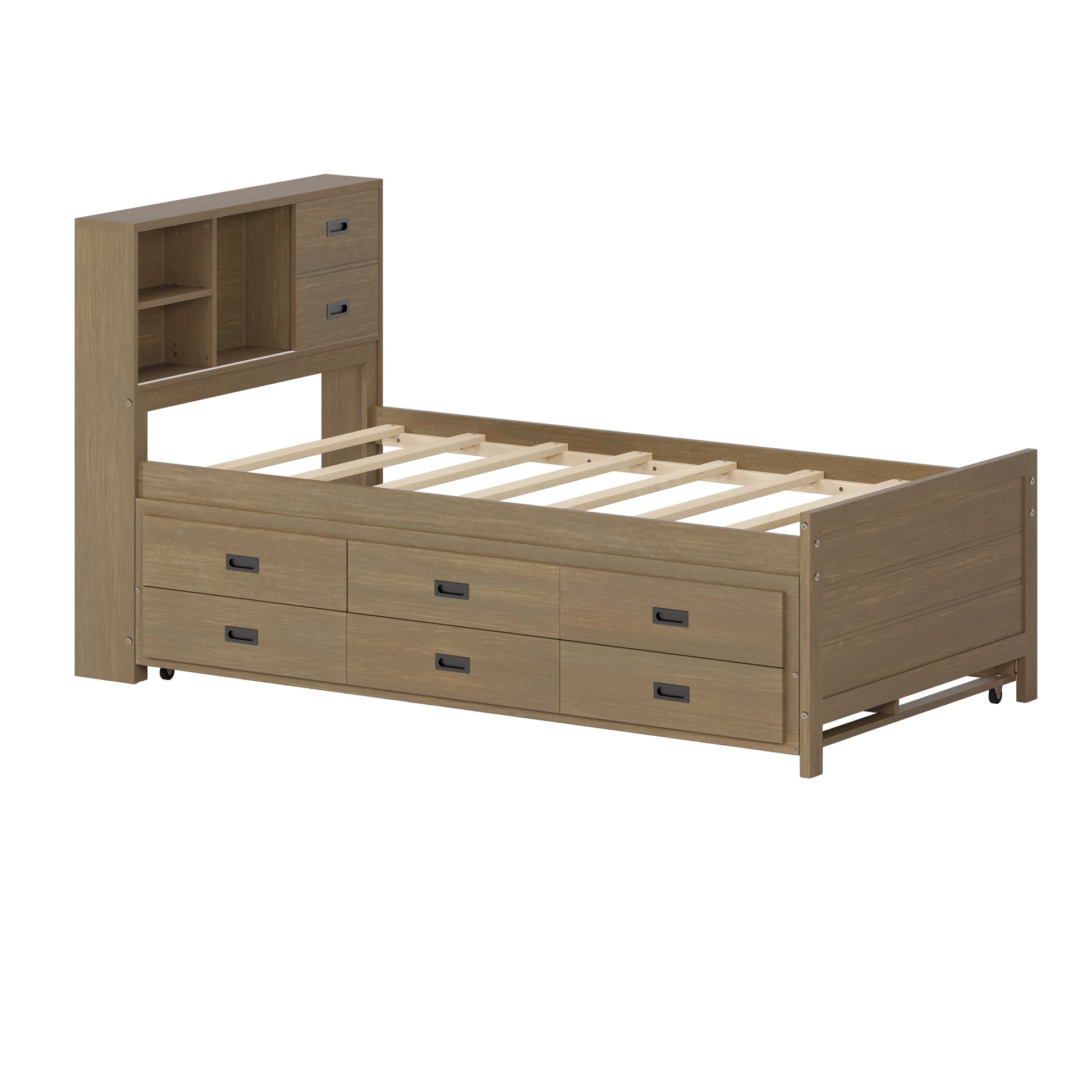 Twin Size Captain Bed With Storage Bookcase Headboard,Captain Bed With Trundle And Three Storage Drawers For Kids Teens Dorm Bedroom Multipurpose Guest Room Or Home, Walnut Box Spring Not Required Twin Walnut Wood Solid Wood Mdf