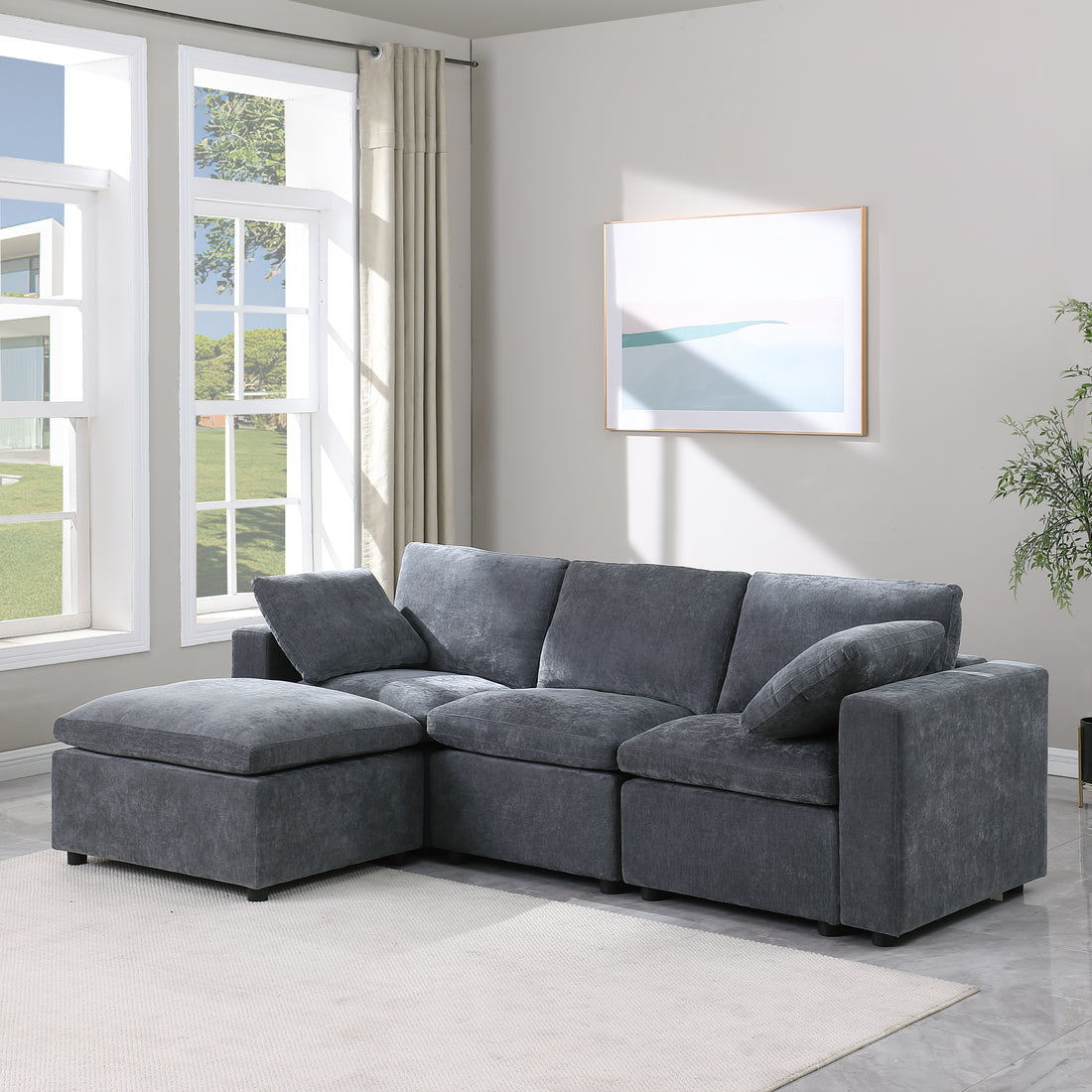 Modular Sectional Sofa, Convertible Sofa Couch, Modular Sectionals With Ottomans, 4Seat Sofa Couch With Reversible Chaise For Living Room. Chenille Grey Grey Fabric 4 Seat