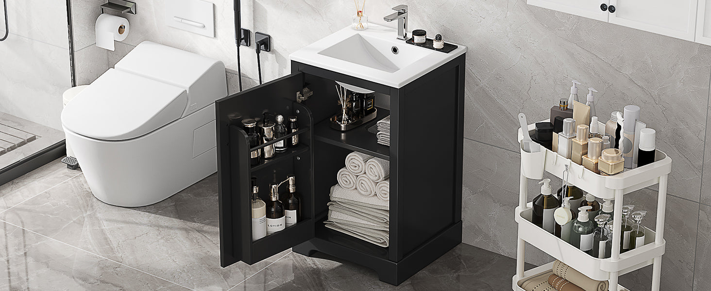 20" Bathroom Vanity With Sink, Bathroom Cabinet With Soft Closing Door, Storage Rack And Adjustable Shelve, Black Black Mdf