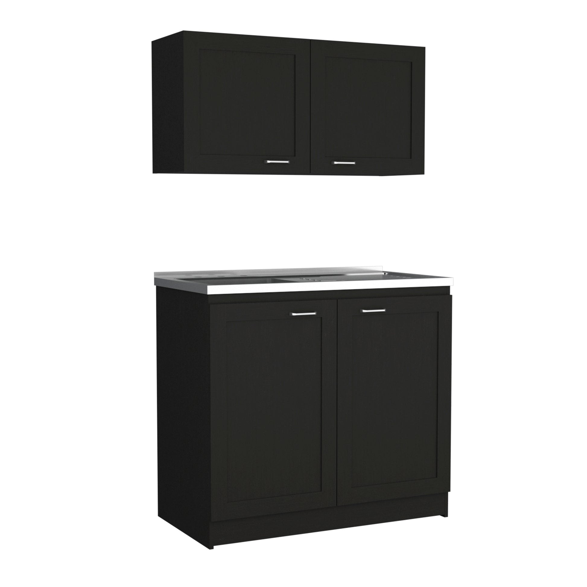 Cabinet, Two Parts Set, Black Black Solid Wood Mdf Engineered Wood