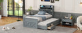 Twin Size Wooden Bed With Storage Headboard With Outlets, Extendable Bed With Twin Size Trundle With Three Storage Drawers,Gray Expected Arrival Time:8.23 Twin Gray Wood